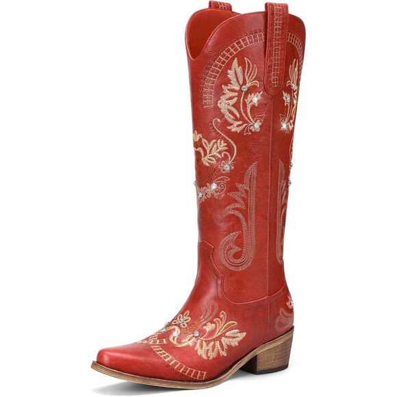 Women Polyurethane Red Rhinestone Embroidered Chunky Heel Knee High Tall Boots - Picture 1 of 5
